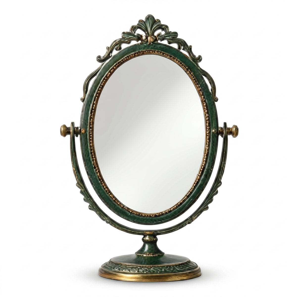 Vintage Forest Green and Gold Swivel Tabletop Mirror