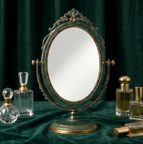 Vintage Forest Green and Gold Swivel Tabletop Mirror