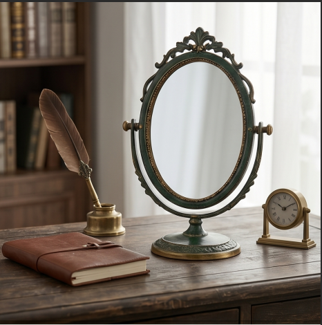 Vintage Forest Green and Gold Swivel Tabletop Mirror