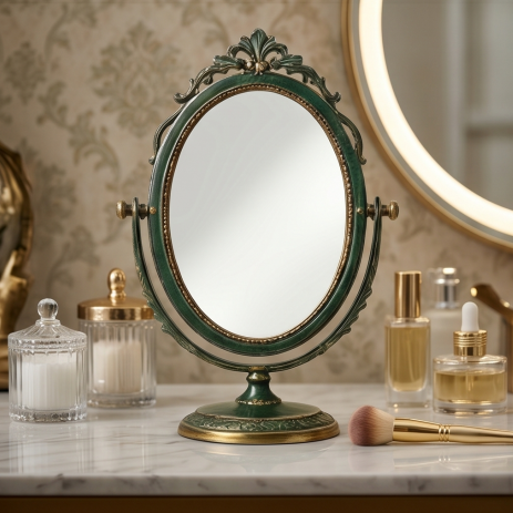 Vintage Forest Green and Gold Swivel Tabletop Mirror