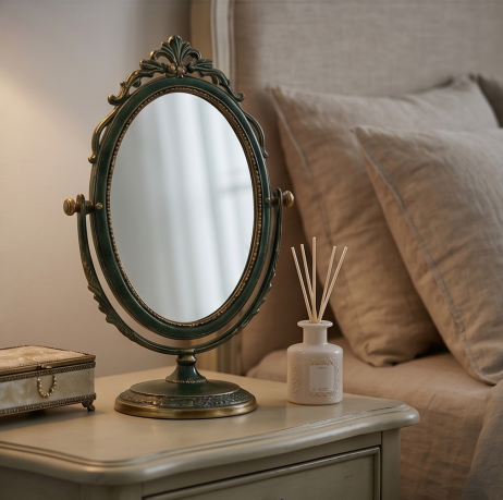 Vintage Forest Green and Gold Swivel Tabletop Mirror