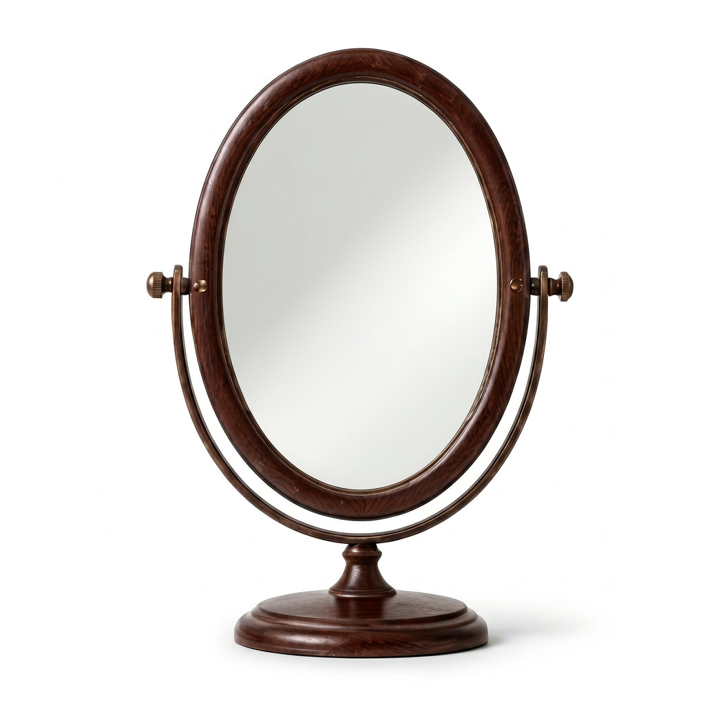 Dark Wood Oval Swivel Tabletop Mirror