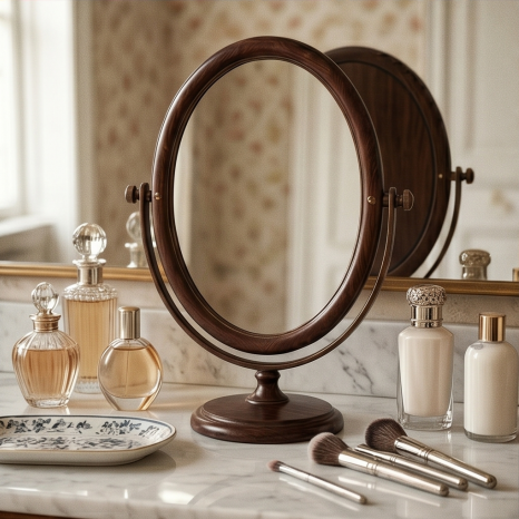 Dark Wood Oval Swivel Tabletop Mirror