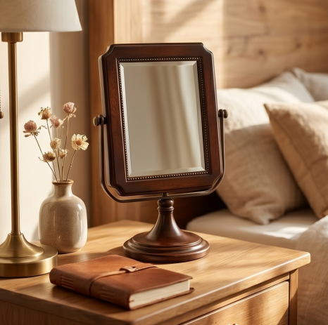 Dark Wood Rectangular Swivel Tabletop Mirror