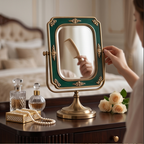 Regal Emerald & Antique Brass Tabletop Vanity Mirror