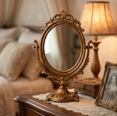 Ornate Bronze Finish Swivel Tabletop Mirror