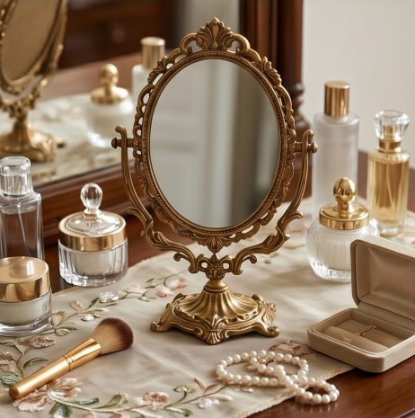 Ornate Gold Finish Swivel Tabletop Mirror
