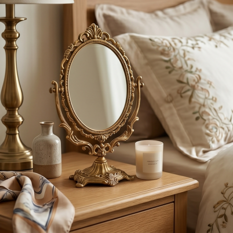 Ornate Gold Finish Swivel Tabletop Mirror