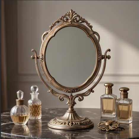 Antique Brass Finish Swivel Tabletop Mirror