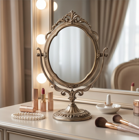 Antique Brass Finish Swivel Tabletop Mirror