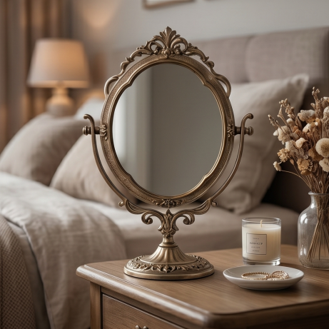 Antique Brass Finish Swivel Tabletop Mirror
