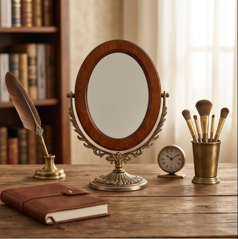 Wood-Frame Swivel Tabletop Mirror