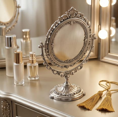 Vintage Silver Finish Swivel Tabletop Mirror