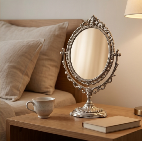 Vintage Silver Finish Swivel Tabletop Mirror